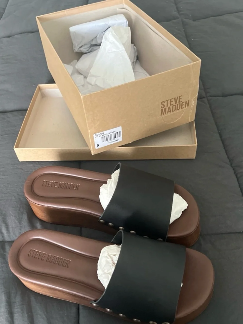 Steve Madden Black and Brown Platform Slide Sandals